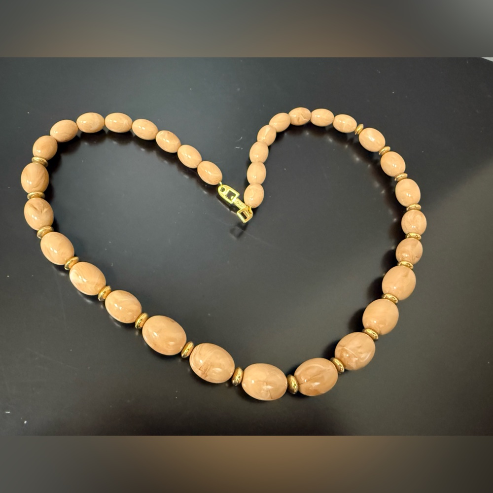 VTG Napier French Beige Gold Beaded necklace signed 24" L‎ MCM Retro Christmas